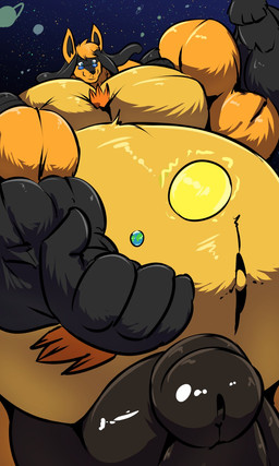 anthro barazoku big_penis earth erection eyewear fur genitals glasses huge_penis hyper hyper_genitalia hyper_penis macro male musclegut muscular muscular_anthro muscular_male navel nude overweight overweight_anthro overweight_male penis planet planet_dwarfing sky solo space star starry_sky sun terra_macro yellow_body yellow_fur bobert nintendo pokemon generation_4_pokemon lucario pokemon_(species) 2017 3:5 hi_res