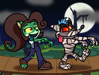 3_toes 4_fingers anthro arms_outstretched bandage black_eyebrows black_nose blue_clothing blue_hair blue_overalls blue_sky blue_tongue bridge brown_clothing brown_eyebrows brown_eyes brown_footwear brown_hair brown_nose brown_shoes closed_smile clothed clothed_anthro clothed_female clothed_male clothing cloud duo eyebrows eyelashes feet female female_anthro fingers footwear fully_clothed fully_clothed_anthro fully_clothed_female fur grass green_body green_fur hair holidays larger_anthro larger_female light male male_anthro moon mouth_closed night no_pupils notched_ear open_mouth open_smile outside overalls plant ponytail red_sclera red_tongue shirt shoes short_hair size_difference sky smaller_anthro smaller_male smile straight_arms swamp thick_eyebrows toes tongue tongue_out topwear torn_clothing torn_shirt torn_shoes torn_topwear tree walking water white_clothing white_shirt white_topwear yellow_eyes yellow_sclera captainquack64 activision crash_bandicoot_(series) halloween mythology coco_bandicoot crash_bandicoot bandicoot barred_bandicoot hybrid mammal marsupial mummy mythological_creature undead zombie 2023 colored digital_drawing_(artwork) digital_media_(artwork) english_description hi_res lighting shaded simple_shading brother_(lore) brother_and_sister_(lore) sibling_(lore) sister_(lore)