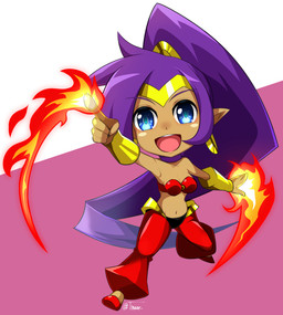 5_fingers bandeau blue_eyes breasts chibi clothing crown ear_piercing ear_ring female fingers fire hair headgear humanoid_pointy_ears long_hair not_furry open_mouth open_smile piercing pointy_ears ponytail purple_hair ring_piercing simple_background smile solo tiara topwear tina_orz shantae_(series) wayforward shantae genie humanoid 2021 digital_media_(artwork) signature