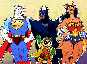 alternate_universe anthro anthrofied clothing female group male tight_clothing thewill batman_(series) dc_comics bat_hound batman krypto robin_(dc) superman wonder_woman avian bird canid canine canis domestic_dog kangaroo macropod mammal marsupial oscine passerine robin_(bird)