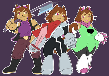 axe big_hands cape clothing cosplay crossover_cosplay horn jacket melee_weapon sweater sword topwear weapon wide_hipped_anthro wide_hipped_female wide_hips toonarscontent deltarune gameoverse glitch_productions undertale_(series) kit_bodega kris_dreemurr ralsei susie_(deltarune) domestic_cat felid feline felis mammal absurd_res crossover hi_res tagme