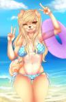 anthro bikini blue_bikini blue_clothing blue_swimwear clothing female looking_at_viewer multicolored_bikini multicolored_clothing multicolored_swimwear open_mouth polka_dot_bikini side-tie_bikini smile solo standing string_bikini swimwear two-piece_swimsuit white_ribbon petitecat canid canine canis domestic_dog mammal