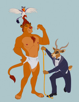 anthro arrogant black_tie_(suit) chest_tuft clothing diaper group hair male muscular muscular_male narrowed_eyes nipples pecs red_hair smug suit tape_measure trio tuft whiskers colt3n disney the_lion_king simba_(the_lion_king) zazu_(the_lion_king) antelope avian bird bovid bucerotiform felid gazelle hornbill lion mammal pantherine hi_res