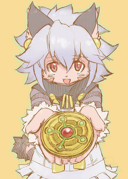 anthro clothed clothing ear_piercing female front_view fully_clothed fur grey_hair hair holding_object looking_at_viewer medallion offering_to_viewer open_mouth open_smile piercing pink_body pink_eyes pink_fur simple_background smile solo unknown_artist cyberconnect2 little_tail_bronx solatorobo elh_melizee felid felineko mammal sketch source_request