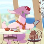1:1 ambiguous_gender cafe chair derfisch duo feral furniture generation_4_pokemon generation_6_pokemon goodra goodra_day hi_res japanese_text nintendo pokemon pokemon-specific_day pokemon_(species) pokemon_cafe_remix starly table tail teapot text translated waiter