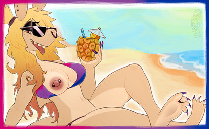 anthro areola beach beverage bikini biped bisexual_pride_colors black_eyeshadow blonde_hair breasts claws clothing digit_ring dorsal_fin eyeshadow eyewear facial_piercing feet female female_anthro fin finger_claws freckles hair holding_beverage holding_object jewelry lgbt_pride long_hair makeup navel nipple_piercing nipples nose_piercing nose_ring one_breast_out outside piercing pineapple_drink pride_colors red_eyes ring ring_piercing septum_piercing septum_ring solo sunglasses swimwear tan_body toe_claws toe_ring toes tongue tongue_out two-piece_swimsuit sharkysocks quill_(sharkysocks) aquatic fish shark 2025 absurd_res digital_media_(artwork) hi_res