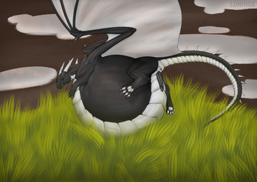 belly belly_expansion belly_on_ground big_belly black_body claws detailed_background drinking drinking_water expansion feral genitals horn huge_belly hyper hyper_belly inflation liquid_inflation lying_on_self male membrane_(anatomy) membranous_wings multicolored_body paws penis solo spherical_inflation spikes tail text two_tone_body water_inflation wings lunhiss mythology dragon mythological_creature mythological_scalie scalie 2024 artist_name digital_drawing_(artwork) digital_media_(artwork) hi_res shaded widescreen