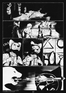 6_panel_comic ambiguous_gender anthro armor arrow_(weapon) black_eyes black_nose clothed clothing fingers floor group holding_object holding_torch hood medieval motion_lines mouth_closed page_number ranged_weapon sculpture sharp_teeth sound_effects statue teeth text torch walking warrior weapon whiskers white_sclera white_text leprzil canid canine domestic_cat felid feline felis gulonine mammal marten murid murine mustelid musteline oriental_shorthair rat rodent 2025 comic english_text hi_res monochrome