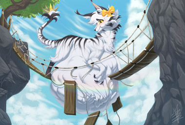 belly big_belly black_sclera black_stripes bridge_piercing butt cloud embarrassed facial_piercing female feral feral_pred fur hair huge_belly mountain narrowed_eyes nose_piercing piercing plant ribbons same_size_vore sky solo stinger_tail striped_body stripes tail tail_tuft tree tuft vore weights white_body white_hair wood other_quail zorgoia