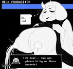 anthro big_breasts bodily_fluids breasts dialogue dialogue_box female horn huge_breasts lactating milk projectile_lactation solo speech_bubble text bunnemilk deltarune undertale undertale_(series) toriel bovid caprine goat mammal absurd_res digital_media_(artwork) english_text hi_res monochrome