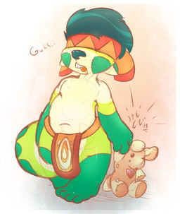 anthro barefoot bottomwear clothed clothing covered_eyes dialogue feet female loincloth navel plushie simple_background solo teeth topless young young_anthro kemotobi basil_(kemotobi) mammal mustelid otter 2015