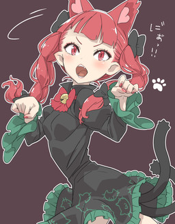 4_ears accessory bell black_clothing black_dress bow_ribbon braided_hair breasts clothed clothed_female clothed_humanoid clothing colored_nails dress female female_humanoid fingernails footprint hair hair_accessory hair_bow hair_ribbon humanoid_pointy_ears jingle_bell multi_ear nails open_mouth paw_pose pawprint pigtails pointy_and_animal_ears pointy_ears pose pupils red_eyes red_fingernails red_hair red_nails ribbons simple_background slit_pupils solo text twin_braids twintails_(hairstyle) kawayabug asian_mythology east_asian_mythology japanese_mythology mythology touhou rin_kaenbyou animal_humanoid cat_humanoid felid felid_humanoid feline feline_humanoid humanoid mammal mammal_humanoid nekomata yokai absurd_res hi_res japanese_text translation_request