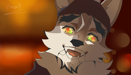 anthro brown_body brown_fur cjk_character clothed clothing evil_face evil_grin fangs fur hat headgear headwear looking_at_viewer male multicolored_eyes parody rainbow_eyes smile smiley_face smiling_at_viewer solo teeth tongue pinumontbalou epic_games fortnite kimetsu_no_yaiba wendell_(fortnite) canid canine canis mammal wolf hi_res