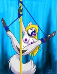 5_toes anthro bdsm biped black_collar black_nose blonde_hair blue_eyes blue_rope bondage bound breasts collar dancing feet female gag gagged genitals hair muzzle_(object) muzzled navel nipples nude pole pole_dancing purple_nipples pussy rope solo toes goliathcpg canid canine mammal 2017