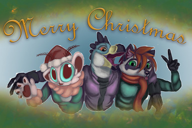 ambiguous_gender antennae_(anatomy) anthro blue_eyes brown_eyes christmas_card christmas_clothing christmas_headwear claws clothed clothing fur green_eyes group hair hat headgear headwear holiday_message holidays looking_at_viewer open_mouth santa_hat scarf simple_background smile teeth text tongue tongue_out phinja christmas arthropod canid canine dinosaur dromaeosaurid insect lepidopteran mammal moth prehistoric_species procyonid raccoon reptile scalie theropod velociraptor 3:2 digital_media_(artwork) english_text