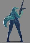 absurd_res anthro clothing crocodile crocodilian crocodylid digital_media_(artwork) el-k female full-length_portrait green_body green_scales grey_background gun hi_res holding_object holding_weapon looking_at_viewer looking_back portrait pupils ranged_weapon reptile rifle scales scalie simple_background slit_pupils sobek_(el-k) solo spikes spikes_(anatomy) standing swimwear tail teeth tight_clothing water weapon wetsuit yellow_sclera