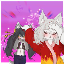 angry anthro asian_clothing blush claws clothing east_asian_clothing eyes_closed female fluffy headpat japanese_clothing kimono navel pigtails red_claws red_clothing red_kimono shy simple_background maxhappy naoya_hair_flip angry_fox_(maxhappy) canid canine fox mammal 1:1 absurd_res hi_res meme
