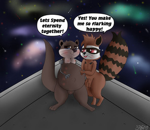 animal_genitalia anthro balls bodily_fluids crying dialogue duo eye_contact female galaxy genitals happy looking_at_another male metal multi_nipple nipples on_hind_legs pregnant pregnant_anthro pregnant_female sheath space star tears tears_of_joy text vulva whiskers trippybunny guardians_of_the_galaxy marvel lylla_(marvel) rocket_raccoon mammal mustelid otter procyonid raccoon 2026 digital_media_(artwork) english_text hi_res