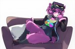 anthro bottomless clothed clothing electronics featureless_crotch female furniture green_eyes hair headphones hooves jacket purple_body sofa solo topwear visor dragonheart07 epic_games fortnite dj_bop alpaca camelid mammal