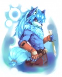 anthro clothed clothing knife male muscular muscular_anthro muscular_male simple_background solo tail topless white_background kamosika legendz wolfy_the_werewolf canid canine canis mammal wolf