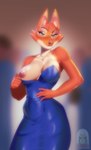 anthro areola breasts evening_dress eyebrow_piercing facial_piercing female nipples piercing pink_areola pink_nipples pose solo blackrabbitshone dreamworks the_bad_guys diane_foxington canid canine fox mammal hi_res pinup