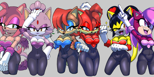 annoyed anthro armwear black_body black_bodysuit black_clothing black_fur black_hair black_nose black_skinsuit blue_eyeshadow blue_lipstick bodysuit bodysuit_pull breasts brown_body brown_fur brown_hair cheek_tuft cleavage clothed clothing cosplay cross-popping_vein dipstick_tail elbow_gloves eyelashes eyeshadow facial_tuft fangs female forehead_gem front_view fur gem gloves green_eyes grey_background group hair hand_on_head hand_on_hip hands_behind_head handwear head_tuft heart_symbol lipstick looking_at_viewer makeup markings narrowed_eyes navel_outline one_eye_closed open_mouth open_smile orange_eyes pigtails pink_body pink_eyeshadow pink_fur pink_hair pink_lipstick purple_body purple_eyeshadow purple_fur purple_lipstick red_body red_fur red_hair red_lipstick rouge_costume short_hair simple_background skinsuit smile tail tail_markings tail_motion tailwag tan_body tan_fur teeth thick_thighs tight_clothing tuft white_body white_clothing white_fur white_gloves white_handwear wide_hips wink winking_at_viewer yellow_body yellow_eyes yellow_fur thecakeee archie_comics sega sonic_the_fighters sonic_the_hedgehog_(archie) sonic_the_hedgehog_(comics) sonic_the_hedgehog_(series) sonic_underground amy_rose blaze_the_cat fiona_fox honey_the_cat rouge_the_bat sally_acorn sonia_the_hedgehog canid canine chipmunk domestic_cat eulipotyphlan felid feline felis fox ground_squirrel hedgehog mammal rodent sciurid hi_res