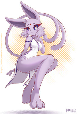 3_toes 4_fingers anthro anthrofied armband barefoot blue_sclera bottomless breasts clothed clothing dress eyebrows eyelashes feet female fingers forehead_gem forked_tail fur gem hair long_tail looking_at_viewer pattern_background pose purple_body purple_ears purple_fur purple_hair purple_tail red_eyelashes simple_background solo tail text toes unusual_anatomy unusual_tail white_background white_clothing white_dress white_eyes rilex_lenov nintendo pokemon tamaki_(rilex_lenov) eeveelution espeon generation_2_pokemon pokemon_(species) full-length_portrait portrait signature url