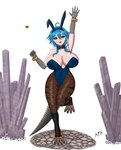 ahoge animal_tail big_breasts black_sclera blue_clothing blue_hair blue_leotard breasts brown_body brown_clothing brown_legwear brown_scales bunny_costume claws cleavage clothed clothing costume crystal cuffs_(clothing) eyelashes fake_ears fake_rabbit_ears female fishnet_clothing fishnet_legwear front_view grey_body grey_claws grey_scales hair huge_breasts legwear leotard looking_at_viewer navel on_one_leg open_mouth open_smile raised_arm scales short_hair simple_background smile solo standing stripes tail tan_body tan_skin thick_thighs tongue white_background wide_hips yellow_eyes yellow_tongue atranar_inferno capcom monster_hunter animal_humanoid dodogama fanged_wyvern humanoid lizard_humanoid reptile reptile_humanoid scalie scalie_humanoid tailed_humanoid absurd_res hi_res