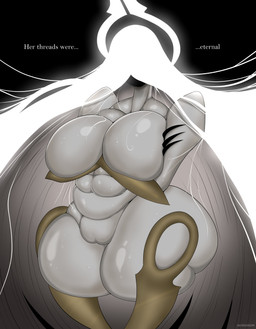 big_breasts big_butt black_face black_hand bodily_fluids breasts butt crossed_arms featureless_breasts featureless_face female genitals hair halo huge_breasts huge_butt long_hair simple_background solo sweat text thick_thighs vulva white_body white_hair patricks3n hollow_knight:_silksong hollow_knight_(franchise) team_cherry grand_mother_silk deity humanoid absurd_res hi_res
