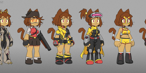 alternate_costume anthro blush bodysuit bottomwear breasts brown_hair cape clothed clothing cosplay crossover_cosplay crown diving_gear drill exposed_crotch eyewear female footwear fur goggles gun hair hat headgear headwear lucha_libre_mask luchador mask paws ranged_weapon scuba_gear shoes shotgun simple_background skinsuit skirt solo sports_mask sportswear tail tight_clothing topwear visor weapon whiskers wrestler wrestling_mask theartofsilent 2k_games bioshock gameoverse glitch_productions guacamelee! pseudoregalia rivals_of_aether team_fortress_2 tekken valve valve_corporation big_daddy_(bioshock) clairen_(rivals_of_aether) juan_aguacate kit_bodega scout_(team_fortress_2) sybil_(pseudoregalia) valkyr_prime domestic_cat felid feline felis mammal 2026 crossover digital_media_(artwork) hi_res model_sheet