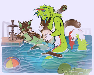 anthro bodily_fluids duo erection eyewear fur genital_fluids genitals glasses green_body inflatable intersex intersex/male latex leg_grab lying male male_penetrating nude opium opium_pipe penetration penile penis pipe pool pool_toy raised_leg sex smoking smoking_pipe tail vaginal vaginal_penetration water sidioskiere minty_(pola) domestic_cat felid feline felis mammal siamese hi_res
