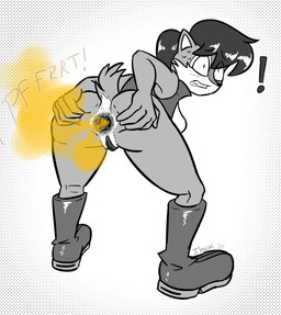 anus bodily_fluids boots butt clothing embarrassed exclamation_point fart fart_fetish female footwear genitals hair shoes simple_background solo spread_anus spread_butt spreading sweat vulva unknown_artist sega sonic_the_hedgehog_(series) sally_acorn ground_squirrel mammal rodent sciurid absurd_res hi_res monochrome