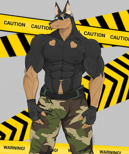 abs anthro army army_clothing army_outfit barazoku barricade_tape belt biceps big_muscles big_pecs black_belt black_body black_clothing black_fingerless_gloves black_fur black_gloves black_handwear bottomwear camo camo_bottomwear camo_clothing camo_pants camo_print clothed clothing cocky cocky_smile fingerless_gloves fur gloves green_bottomwear green_clothing green_pants handwear heart_symbol looking_at_viewer male manly military military_clothing military_pants military_uniform muscular muscular_anthro muscular_male notched_ear orange_body orange_fur pants pattern_bottomwear pattern_clothing pattern_pants pecs police_tape showing_off_muscles smile smiling_at_viewer soldier solo standing text thick_arms topless topless_anthro topless_male tough_guy uniform visor warrior reachea alfonz_(reachea) canid canine canis dobermann domestic_dog mammal pinscher english_text