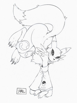 3_fingers ambiguous_gender anthro arm_tuft armwear ass_up big_butt black_claws black_nose black_sclera bridal_gauntlets butt cheek_tuft chest_tuft claws clothing curvy_figure double_tomoe facial_tuft fingers fluffy fur fur_markings jumping leg_markings long_ears long_tail looking_at_viewer markings neck_tuft pose shoulder_tuft simple_background solo tail text thick_thighs thigh_markings tomoe_(symbol) tuft white_background wide_hips yin_yang jamil_gonzalez bandai_namco digimon canid digimon_(species) mammal renamon 3:4 artist_name digital_drawing_(artwork) digital_media_(artwork) hi_res sketch