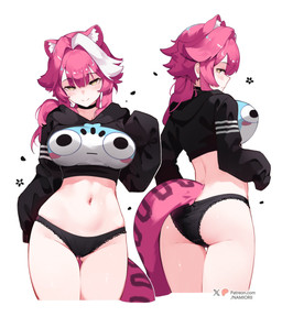 big_breasts breasts butt butt_from_the_front clothed clothing cropped_hoodie female front_and_back fur hair highlights_(coloring) hoodie inner_ear_fluff lidded_eyes looking_back midriff navel pale_skin panties pantsless pink_body pink_fur pink_hair rear_view smile solo stretched_clothing text topwear tuft underwear white_highlights yellow_eyes namiorii hololive hololive_en vtuber chattino_(hololive) raora_panthera animal_humanoid cat_humanoid felid felid_humanoid feline feline_humanoid humanoid mammal mammal_humanoid absurd_res digital_media_(artwork) hi_res url