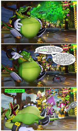 3_panel_comic anthro burp_cloud burping burping_up_object chain clothing confusion dialogue electronics footwear gloves gold_(metal) gold_chain green_body green_scales group hand_on_belly handwear headphones looking_pleasured male male_pred male_prey mask open_mouth orange_clothing orange_footwear orange_shoes orange_topwear orange_vest outside pilot_helmet purple_body purple_clothing purple_footwear purple_scales purple_shoes scales shoes sitting sleeping sound_effects speech_bubble text tongue tongue_out topwear vest vore vowelless vowelless_sound_effect white_clothing white_gloves white_handwear yellow_eyes zzz vorefan16 sega sonic_forces sonic_the_hedgehog_(series) charmy_bee espio_the_chameleon infinite_(sonic) vector_the_crocodile arthropod bee canid canine canis chameleon crocodile crocodilian hymenopteran insect jackal lizard mammal reptile scalie 2022 3d_(artwork) digital_media_(artwork) english_text hi_res