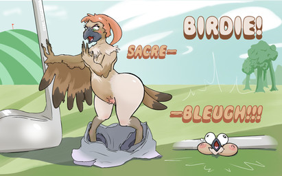 angry beak blush breast_squish breasts cloud dialogue eyelashes eyeliner eyeshadow feathers female feral forced forced_transformation golf golf_club hair makeup mid_transformation nature nature_background offscreen_character pear-shaped_figure ponytail profanity pubes semi-anthro shrinking size_transformation sky solo species_transformation sport squish transformation wide_hips wings cloud_coffee avian bird oscine passerine sparrow hi_res
