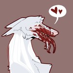 anthro blood blood_in_mouth blood_on_face blood_on_mouth bodily_fluids brown_background chest_tuft fur grey_body grey_fur hair heart_symbol long_hair male open_mouth red_eyes sharp_teeth simple_background solo teeth tongue tongue_out tuft white_hair hamham_gd eek_(hamham_gd) sergal bust_portrait hi_res portrait