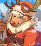 anthro antlers blue_eyes blush brown_body brown_fur christmas_clothing christmas_headwear clothing fur gift_bag hat headgear headwear holidays horn male santa_hat solo melon_akairu christmas lifewonders tokyo_afterschool_summoners yule_(tas) deer mammal new_world_deer reindeer hi_res