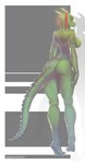 amber_eyes anthro argonian back_muscles barefoot bethesda_softworks biped black_sclera breasts butt chromatic_aberration claws digital_media_(artwork) digitigrade feet female furgonomics green_body green_scales hi_res horn looking_at_viewer looking_back microsoft non-mammal_breasts nude rear_view reptile scales scalie seductive shaded side_boob simple_background skygracer solo tail text the_elder_scrolls toe_claws url wide_hips