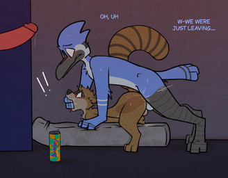 anal anal_penetration anthro arched_back caught_in_the_act doggystyle duo finger_in_mouth from_behind_position male male/male nervous nervous_smile outside_sex penetration sex text rotten_robbie cartoon_network loverboy_(drink) regular_show mordecai_(regular_show) rigby_(regular_show) english_text hi_res
