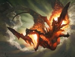 ambiguous_gender cloud feral fire flying glowing open_mouth outside sky skyscape smoke solo sparks tail three-quarter_view jason_chan hasbro magic:_the_gathering mythology wizards_of_the_coast dragon mythological_creature mythological_scalie scalie valstrax 2011 official_art