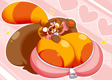 abstract_background accessory anthro areola areola_slip bell big_breasts big_butt biped breasts brown_body brown_hair butt clothed clothing eyelashes feet female front_view hair heart_symbol huge_breasts huge_butt hyper hyper_breasts hyper_butt kneeling mitten_hands multicolored_body one_eye_closed open_mouth open_smile orange_body smile solo tail topwear zipper manicorange manicorange_(character) ailurid mammal red_panda 2026 absurd_res digital_drawing_(artwork) digital_media_(artwork) hi_res