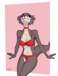 5_fingers anthro bra breasts brown_body brown_fur cheek_tuft choker cleavage clothed clothing facial_tuft female fingers front_view fur humanoid_hands jewelry lingerie navel necklace panties purple_eyes red_bra red_clothing red_panties red_underwear smile solo tuft underwear togaed beastars juno_(beastars) canid canine canis mammal wolf hi_res