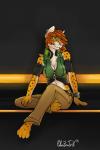 4_toes anthro barefoot big_breasts biped breasts cleavage clothed clothing ear_piercing electronics feet female green_eyes hair headphones navel piercing red_hair simple_background sitting smile solo toes chazcatrix kansi cheetah felid feline mammal 2014 hi_res