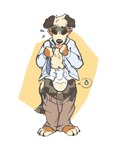 anthro belt bodily_fluids bottomwear bottomwear_down brown_body brown_fur clothed clothing diaper eyes_closed fur genital_fluids grey_body grey_fur male necktie open_belt open_clothing open_shirt open_topwear orange_body orange_fur pants pants_down partially_clothed shirt simple_background solo standing tongue tongue_out topwear unclean_diaper undressing urine used_diaper wearing_diaper wet_diaper white_background yellow_background cookiebandit casper_(cookiebandit) canid canine canis domestic_dog mammal hi_res