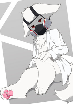 abstract_background ambiguous_gender anthro biped bottomless bottomless_anthro bottomless_male chest_tuft clothed clothing coat ears_down fluffy fluffy_tail fur gas_mask grey_background lab_coat looking_at_viewer male male_anthro mask pawpads pink_pawpads pivoted_ears red_eyes simple_background sitting solo tail three-quarter_view topwear tuft white_body white_fur satoumizu672 changed_(video_game) dr._k_(changed) canid canine mammal 2025 absurd_res digital_drawing_(artwork) digital_media_(artwork) full-length_portrait hi_res japanese_description portrait