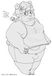 anthro bodily_fluids bottomwear bulge clothing hat headgear headwear humanoid_hands kemono male overweight overweight_anthro overweight_male shirt shorts simple_background solo sweat topwear white_background moujya lifewonders tokyo_afterschool_summoners alp_(tas) bear giant_panda mammal 2021 hi_res monochrome