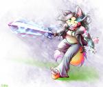 2016 abstract_background anthro barefoot biped black_hair canid canine clothed clothing conditional_dnp digital_media_(artwork) faraden feet felid feline female fox green_eyes hair hybrid kirai legacy_(ratte) magic mammal melee_weapon new_faraden pantherine ratte solo stripes sword tiger weapon