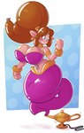 big_breasts blue_eyes breasts brown_hair female hair humanoid_pointy_ears implied_transformation inflatable magic_lamp not_furry nozzle simple_background solo spherical_breasts wide_hips 2b-labs animate_inanimate genie humanoid living_inflatable 2021 hi_res